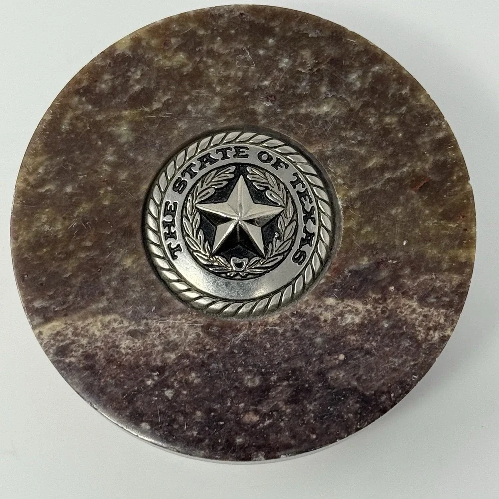 The State Of Texas Marble Granite Trinket Keepsake Gift Box Vtg Metal Emblem